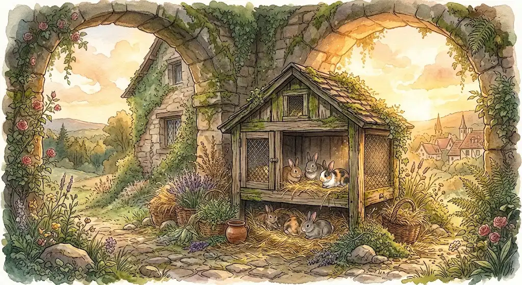 うさぎを飼う夢と家畜化の歴史を象徴する、木製の古い小屋に差し込む暖かな光