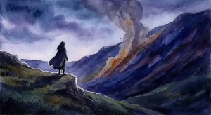 夕暮れの藍色の空の下、女性のシルエットが遠くで崩れる山の斜面と土煙を見つめる山崩れの夢の幻想的な景色
