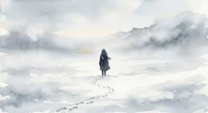 吹雪の雪原に立つ女性のシルエットと、背後で白く消えていく足跡が描かれた山で遭難する夢の幻想的な景色