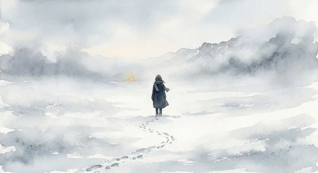 吹雪の雪原に立つ女性のシルエットと、背後で白く消えていく足跡が描かれた山で遭難する夢の幻想的な景色