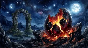 マグマの夢を象徴する、割れた黒曜石の裂け目から紅蓮の光がにじむ幻想的な情景