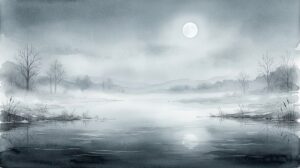 霧のかかった静かな冬の夜空に、白い月が水面にも淡い光を落とす月の夢の意味を象徴するイメージ