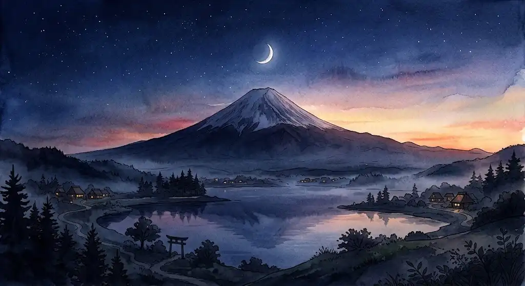 富士山の夢が残す静けさ、夜明け前の淡い光に浮かぶ山の輪郭の情景
