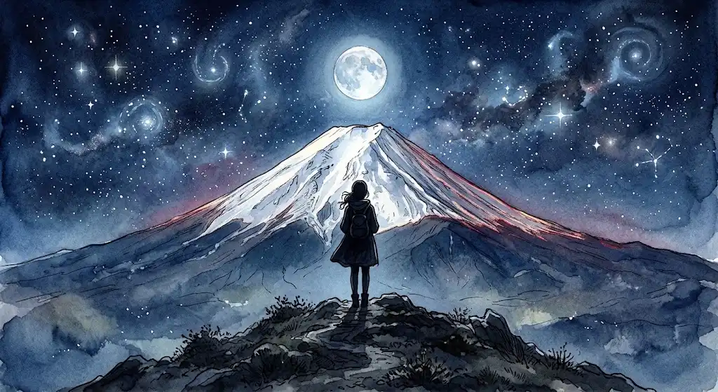 富士山の夢を象徴する、紺碧の夜空に浮かぶ白銀の山頂を見つめる女性のシルエット