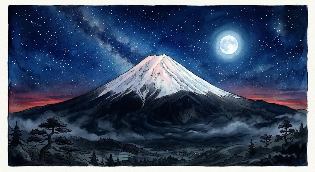 富士山の夢が示す静けさ、夜の帳に白く浮かぶ山頂だけが遠くに見える情景