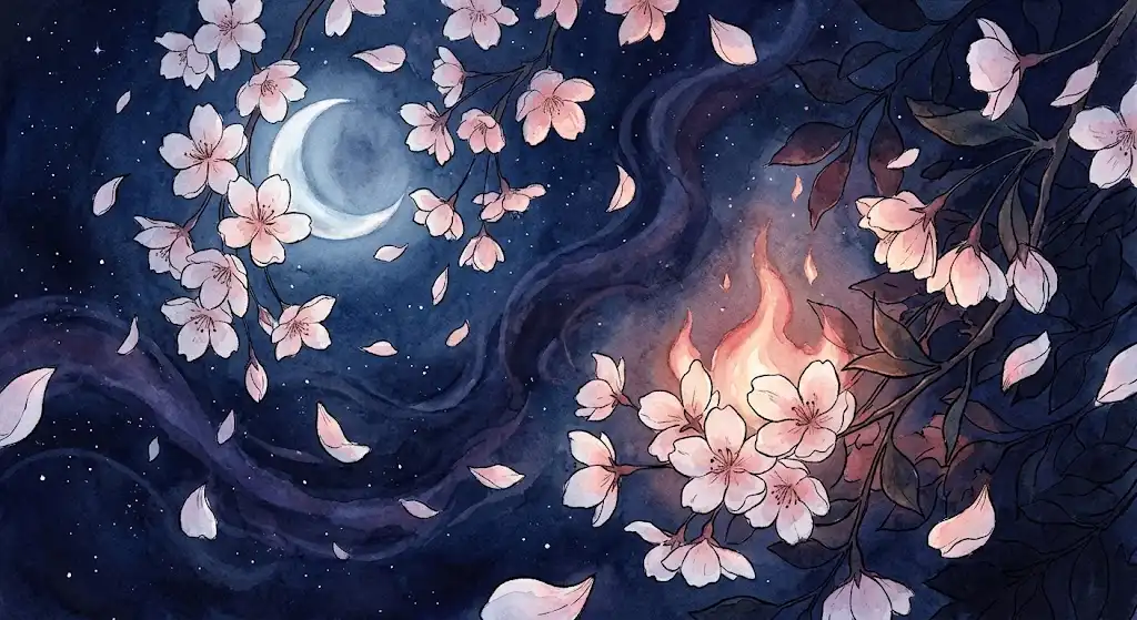 神話学から見る富士山、桜の花びらと炎の気配が重なるコノハナノサクヤヒメの情景