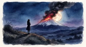 富士山が噴火する夢を表す、満月の夜に黒い噴煙を上げる聖なる山を見つめる後ろ姿の女性のシルエット