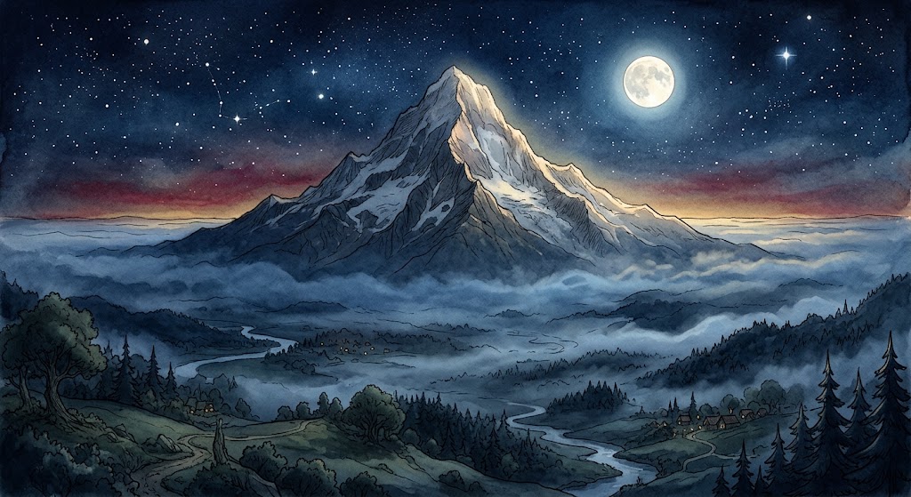 満月の夜、青い霧の中に静かにそびえる山を描いた、夢占い山の夢を思い出すためのイメージ