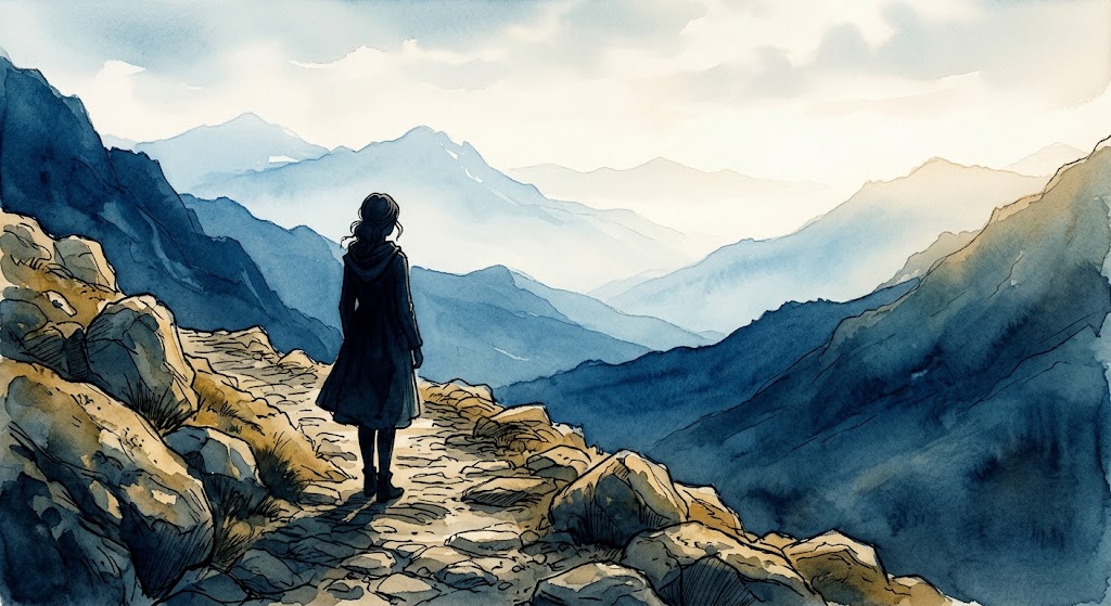 足もとの山道と遠くの稜線のあいだに、夢の中の山との距離を思い出す静かな後ろ姿のイメージ