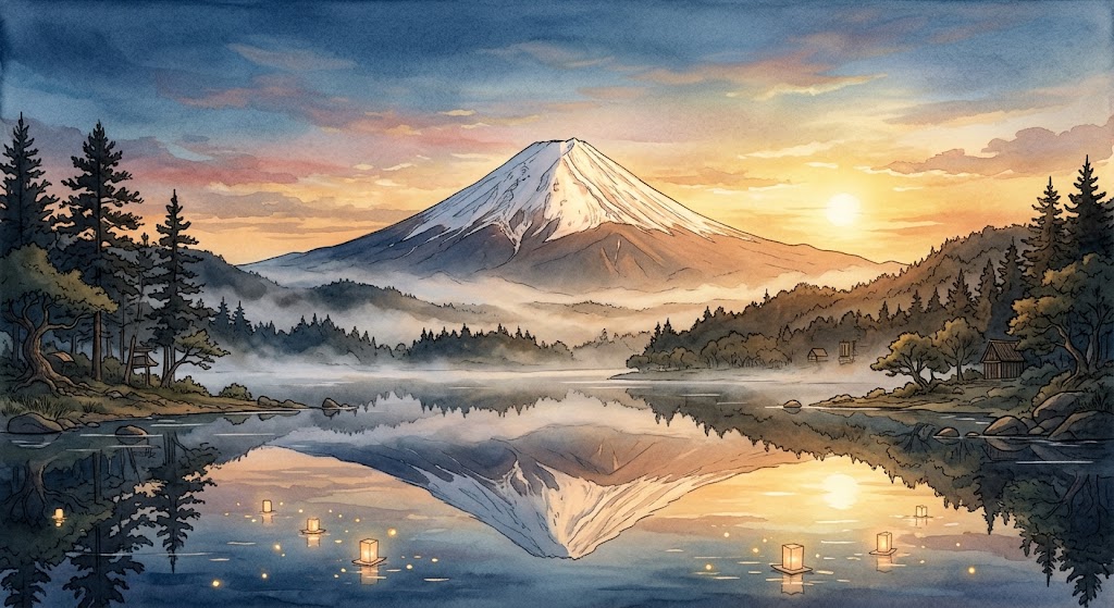 朝の光に淡く染まる雪の富士山が、鏡のように静かな湖面に映る、受け継がれてきた富士山の夢のイメージ