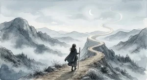 山道を歩く夢を象徴する、灰青の霧に包まれた曲がりくねった山道を一人静かに歩いていく後ろ姿
