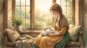 うさぎを撫でる夢の意味を象徴する、朝の光の中でうさぎに触れる女性のシルエット