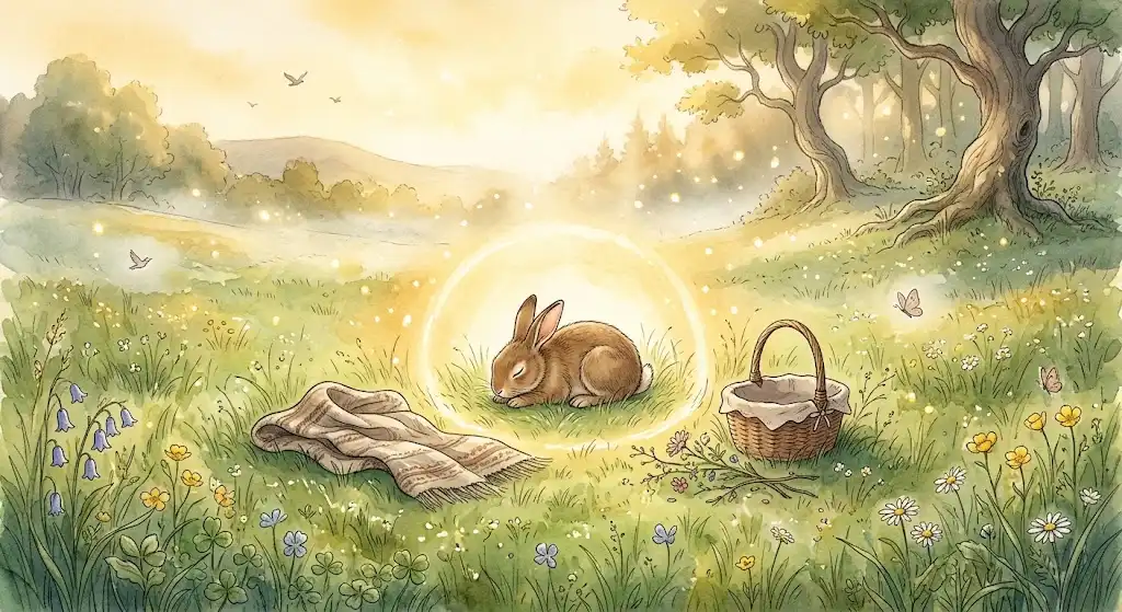 朝の光に包まれて安らぐうさぎを描いた、抱く・撫でる・飼うなど絆を深めるうさぎの夢の集合イメージ