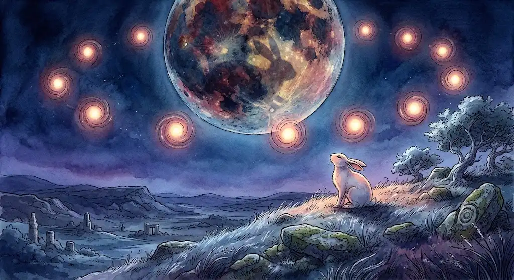 満月とうさぎの影、巡る時間の輪を描いた、神話や十二支に受け継がれるうさぎの象徴の集合イメージ