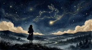 十二支うさぎの意味を象徴する、夜空を見上げる女性とうさぎ座の星の情景