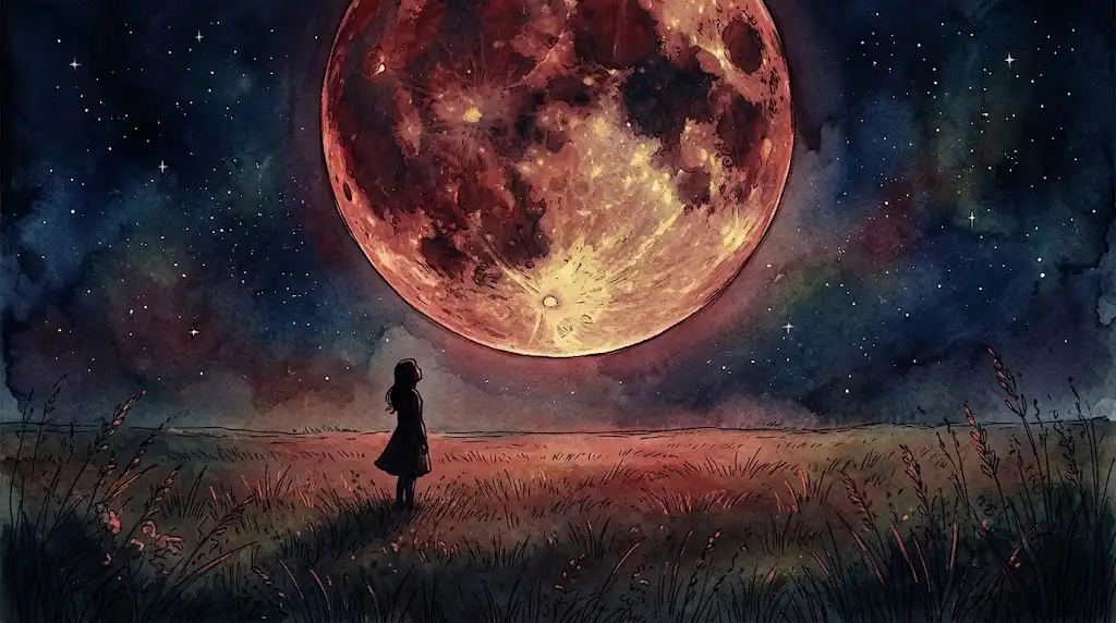 深い夜空に赤みを帯びた大きな月が浮かび、静かに見上げる人影が小さく描かれた赤い月の夢の景色