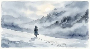 雪山の夢を象徴する、灰青の霧と淡い冬の光に包まれた雪山の稜線へ向かって歩く人影の幻想的な情景
