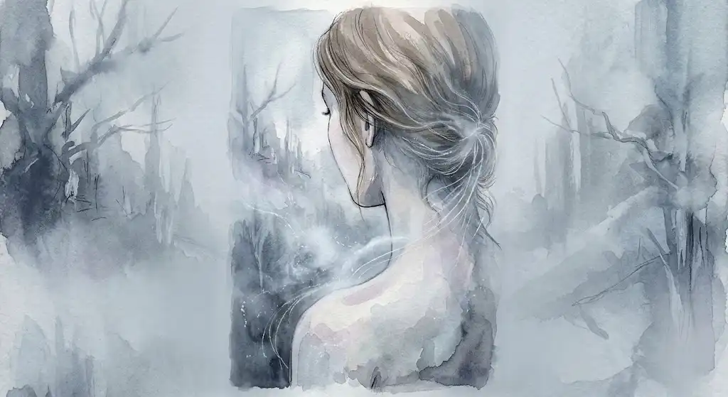 細い糸が肌にまとわりつく、蜘蛛の巣が体につく夢の静かな情景を描いたイメージ