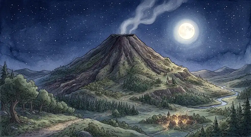 噴火のあと静けさを取り戻した山と澄んだ夜空が広がる、火山が噴火する夢の着地イメージ
