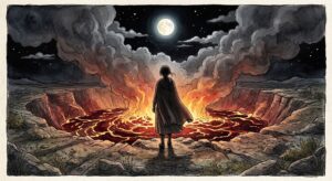 火山が噴火する夢が象徴する、内なるエネルギーと金運への気づきを描いた幻想的なイメージ