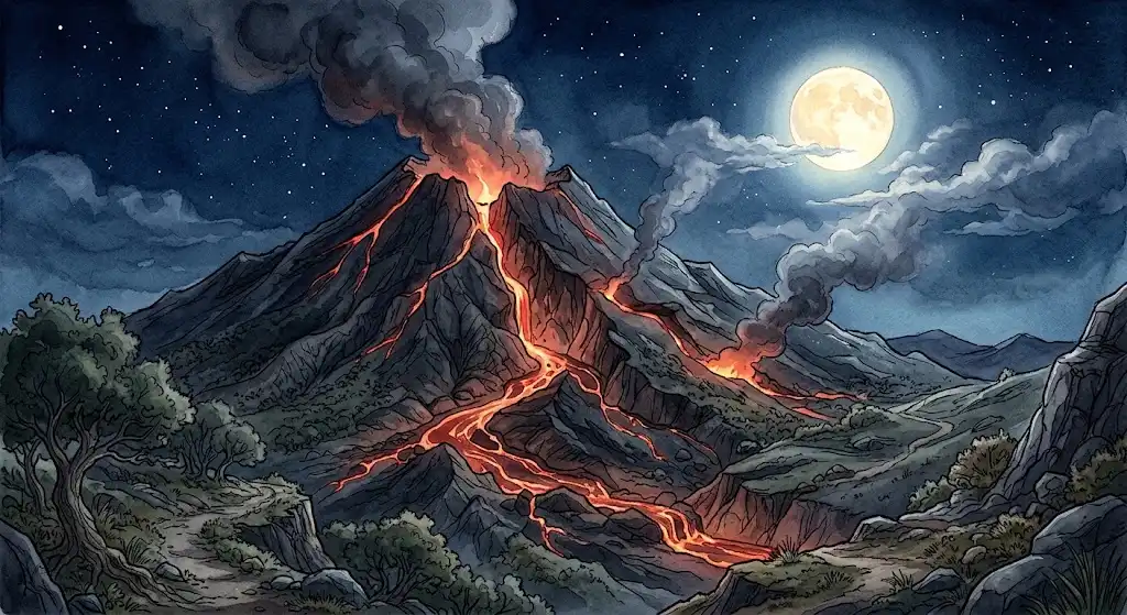 夜の山肌から溶岩が流れ出し黒煙が立ちのぼる、火山が噴火する夢を描いた幻想的な光景です