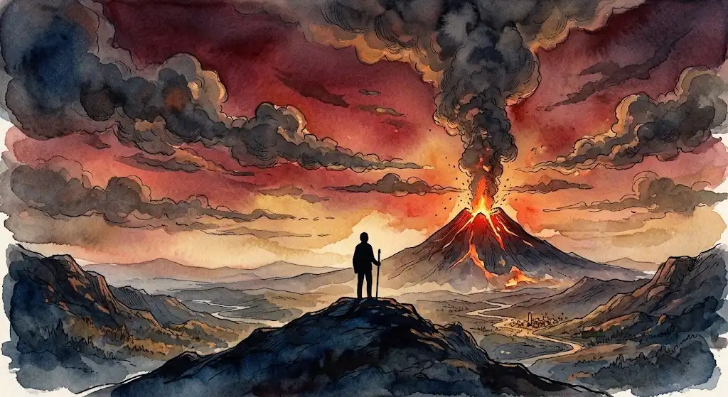 高台から遠く噴煙を眺める人影が描く、火山が噴火する夢の静かな距離感のイメージ