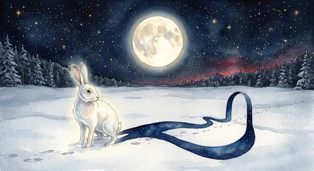 夜の雪原で月明かりに照らされ、ゆっくりとこちらを振り返る白いうさぎの夢を思わせる静かな情景