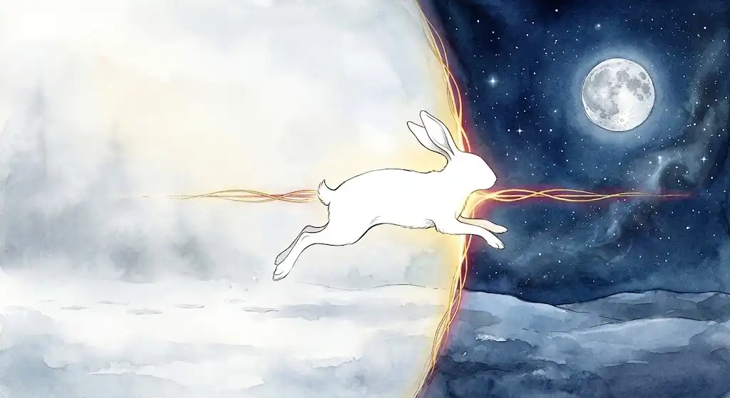 霧の雪原の境目へ跳ぶ白い影。ユング心理学が語る白いうさぎの夢の境界のガイドの象徴