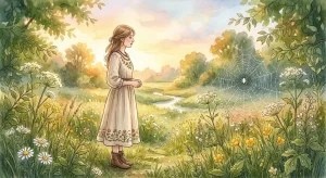 白い蜘蛛の夢占いの意味を象徴する、朝の光の中で佇む白い蜘蛛と女性のイメージ画像