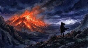山火事の夢を象徴する、深い藍色の夜に朱色の炎で燃える山を見つめる若い女性の後ろ姿を描いたイラスト